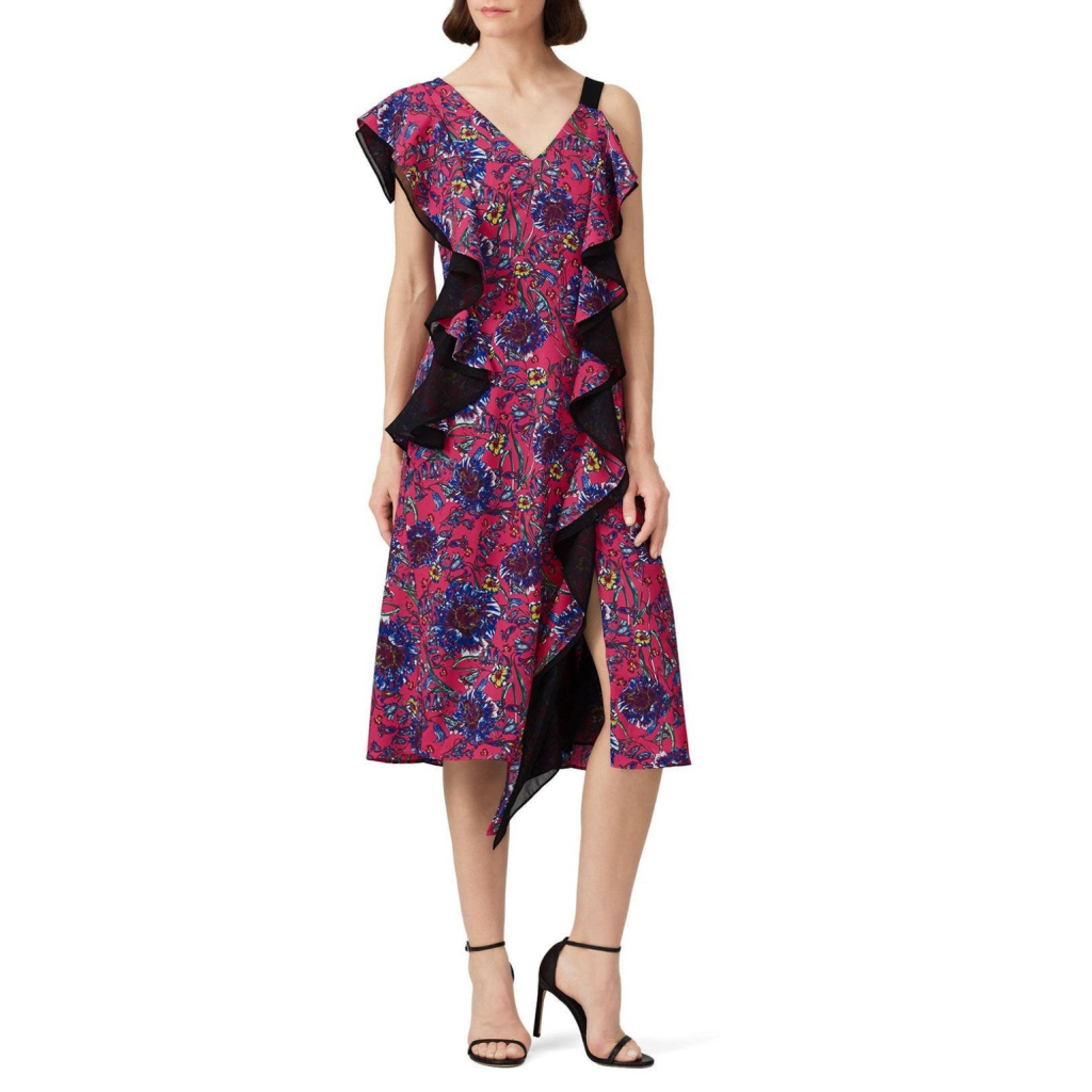 Prabal Gurung Ruffled Midi Dress Sz 12 Red Floral Spanish Flamenco Asymmetric